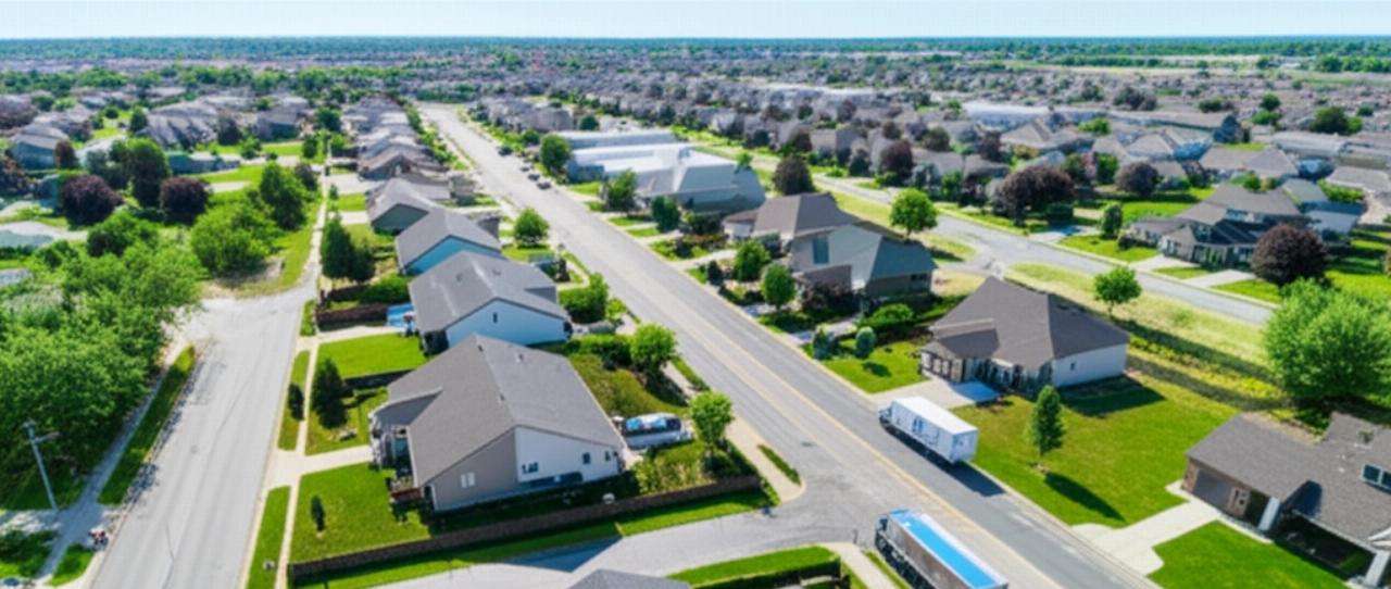 Vista aerea iperrealistica di un quartiere residenziale ben organizzato con un camion per traslochi visibile su una strada, che mostra l'efficienza locale.