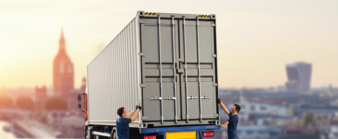 Due traslocatori professionisti caricano un container internazionale in una città europea al tramonto, simbolo di traslochi globali efficienti.