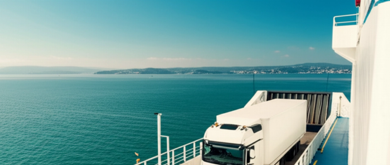Vista aérea hiperrealista de un camión de mudanzas internacional embarcando en un ferry, simbolizando el viaje de Irlanda a Italia.