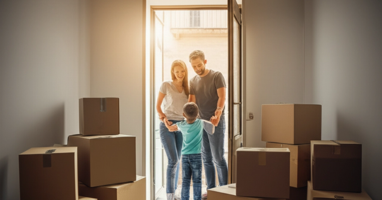 Eine glückliche kaukasische Familie an der Tür ihrer neuen Wohnung in L'Aquila, umgeben von Umzugskartons, symbolisiert einen Neuanfang.