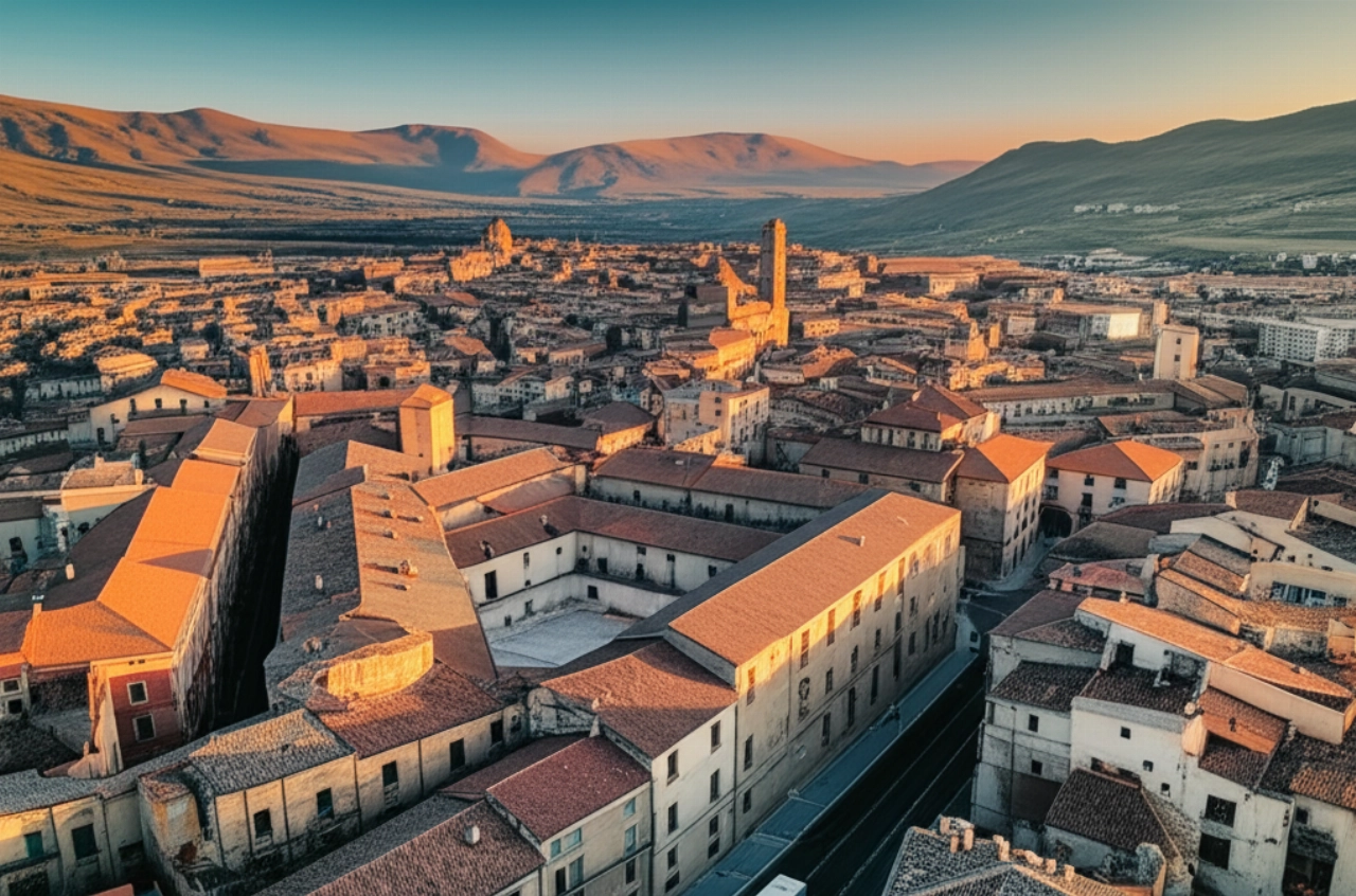 Hyperrealistische Luftaufnahme der historischen Stadt L'Aquila bei Sonnenaufgang, mit einem Umzugswagen in Bewegung, der Logistik symbolisiert.