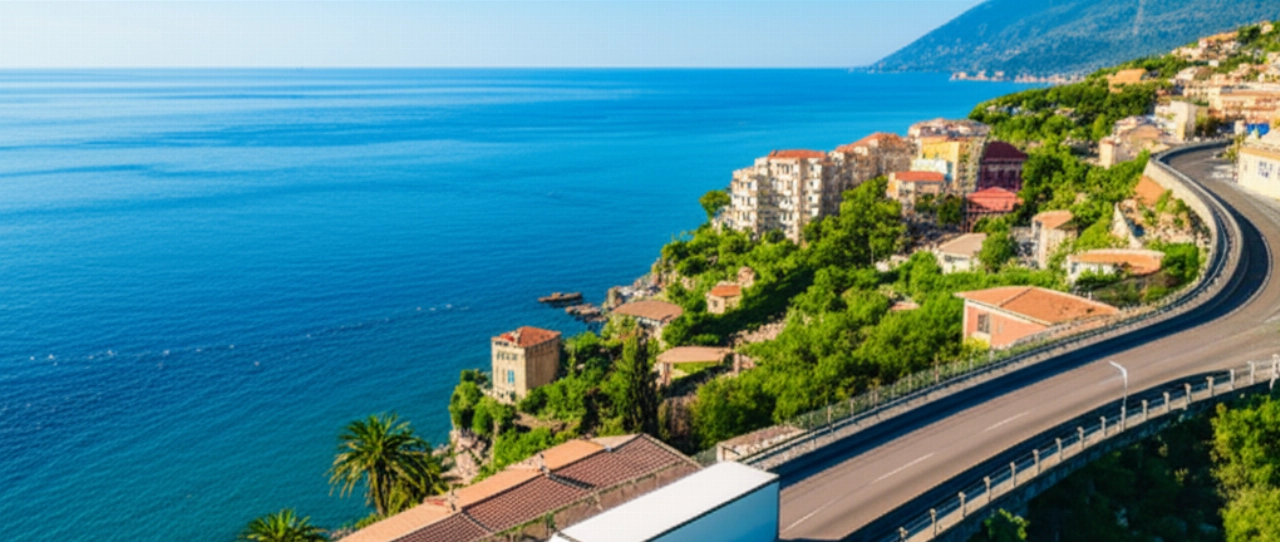 Vista aerea iperrealistica di un camion dei traslochi su una strada costiera vicino a La Spezia, con il mare blu e le colline.