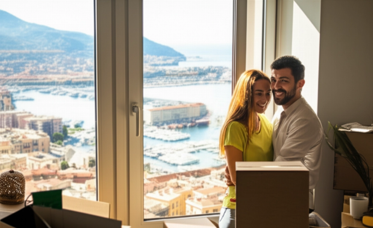 Coppia caucasica felice che disfa gli scatoloni in un nuovo appartamento con vista panoramica su La Spezia dal finestrino.