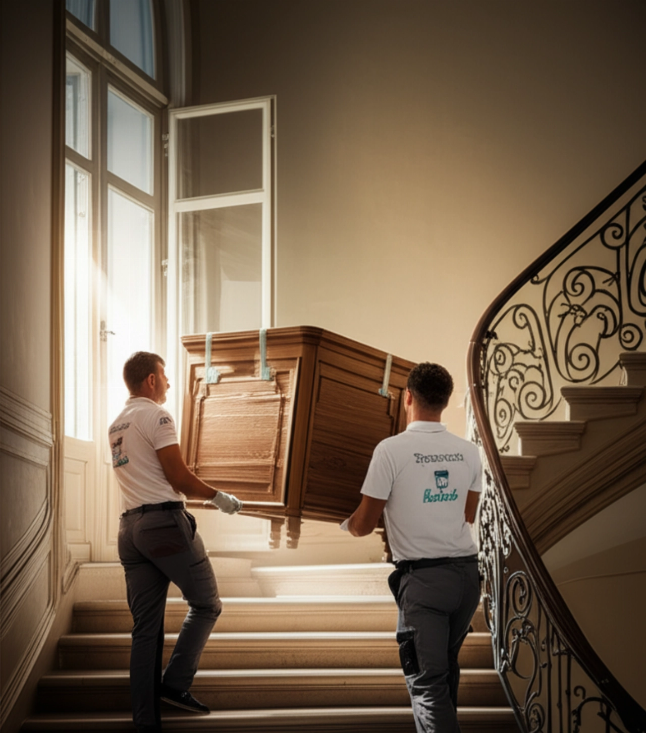 Déménageurs professionnels transportant avec soin un meuble antique dans un bâtiment historique de Lecce.