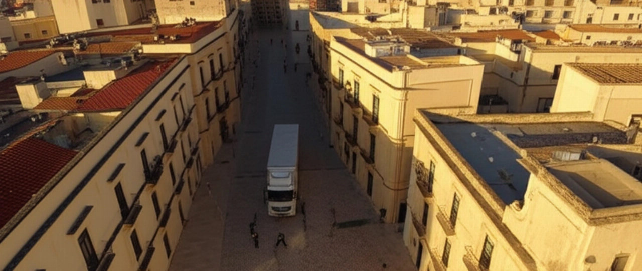 Hyperrealistische Luftaufnahme eines Umzugswagens im historischen Zentrum von Lecce bei Sonnenuntergang.