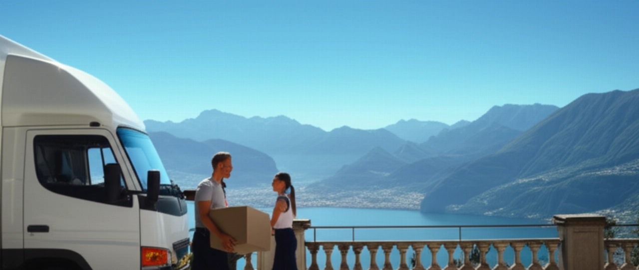 Professional movers carefully load boxes into a modern truck, with the breathtaking backdrop of Lake Como and Resegone mountains in Lecco.