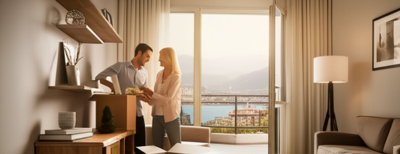 A Caucasian couple smiles while unpacking boxes in their new apartment in Lecco, with a partial lake view from the window.