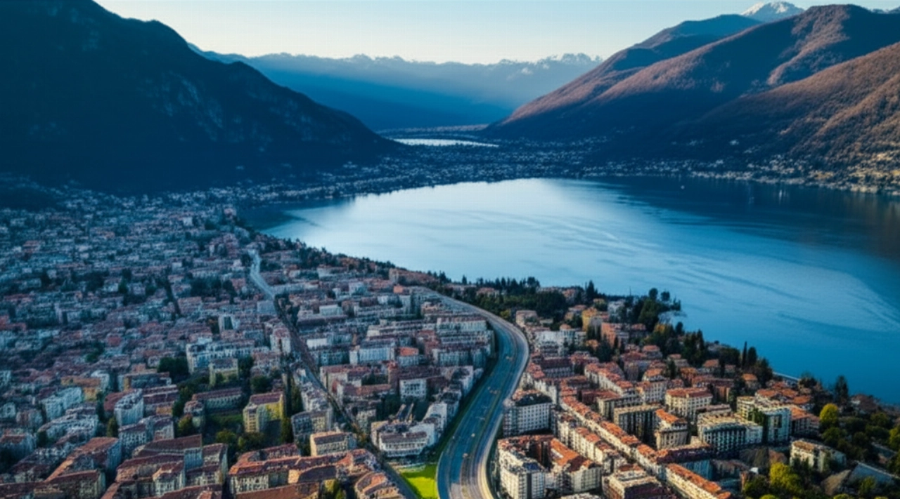 Hyperrealistic aerial view of Lecco, featuring Lake Como and the mountains, with a small moving truck traversing the city.