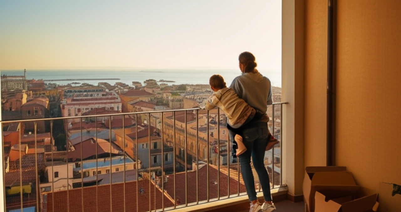 Glückliche kaukasische Familie auf einem Balkon in Livorno, die den Panoramablick auf die Stadt und das Meer bei Sonnenuntergang bewundert.