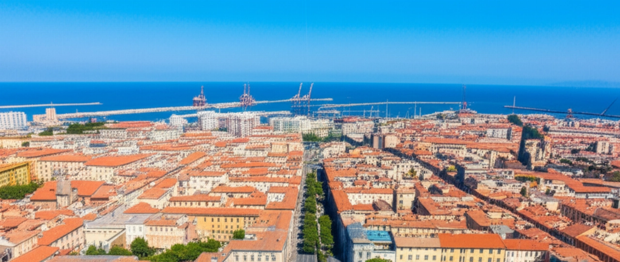 Hyperrealistische Luftaufnahme von Livorno mit Hafen und Küste, und einem Umzugswagen, der auf einer Straße fährt.