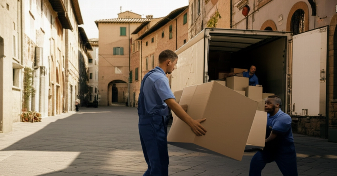 Professionelle kaukasische Umzugshelfer laden Kartons auf einen LKW in einer historischen Straße von Lucca bei Sonnenschein.