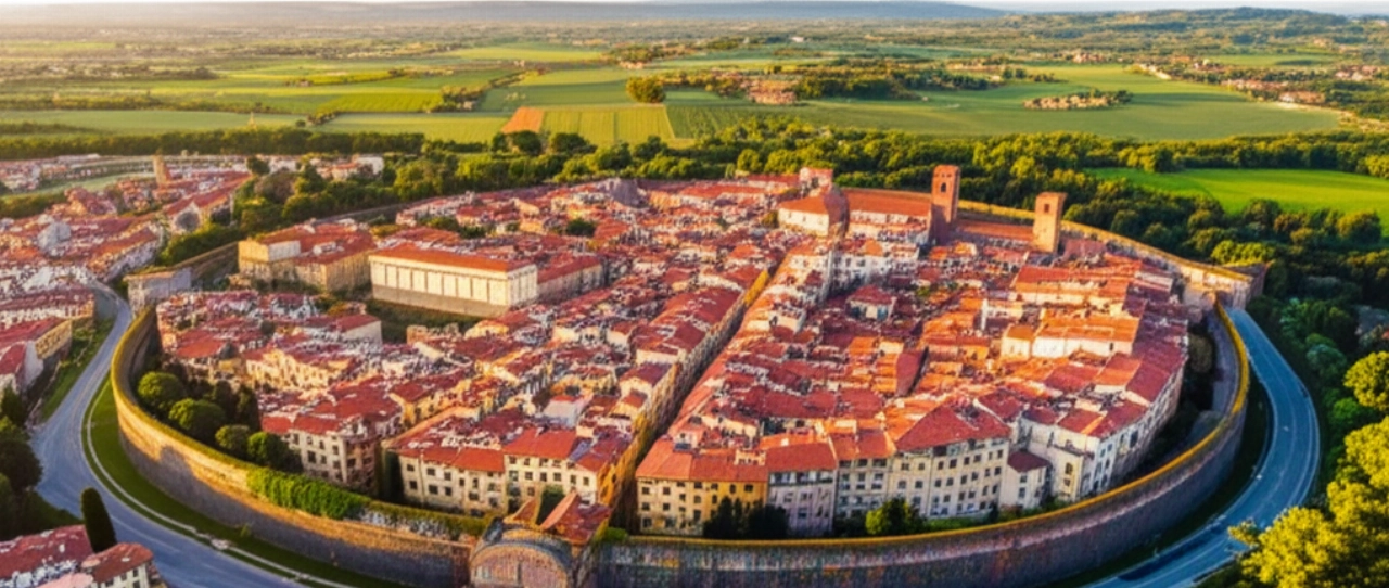 Hyperrealistische Luftaufnahme der Mauern und Dächer von Lucca bei Sonnenuntergang, mit einem sich nähernden LKW.