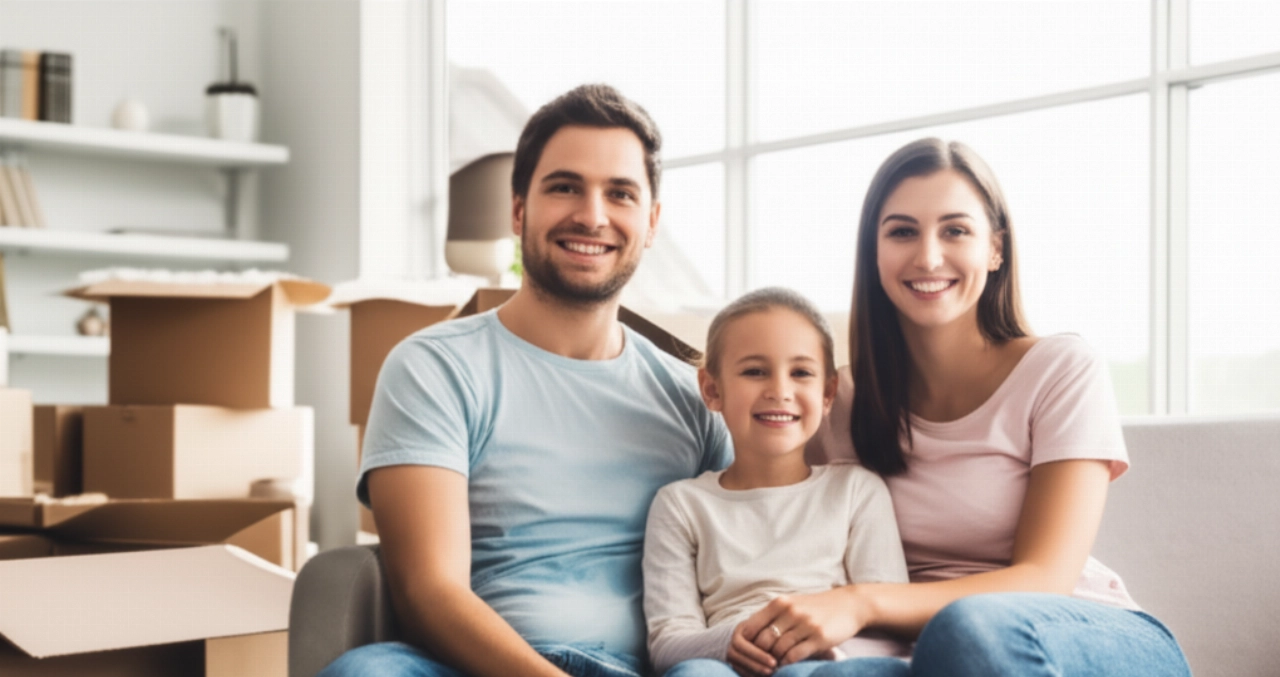 Glückliches kaukasisches Paar entspannt sich in ihrem neuen Wohnzimmer, mit Umzugskartons im Hintergrund.