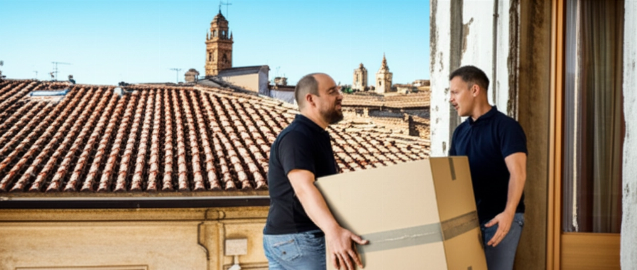 Professional move in Macerata: two movers carrying a box out of a historic building with a city view.