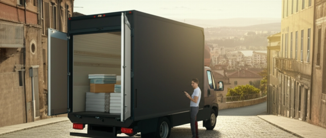 Camion per traslochi moderno parcheggiato a Macerata, pronto per il carico, con un traslocatore professionista.