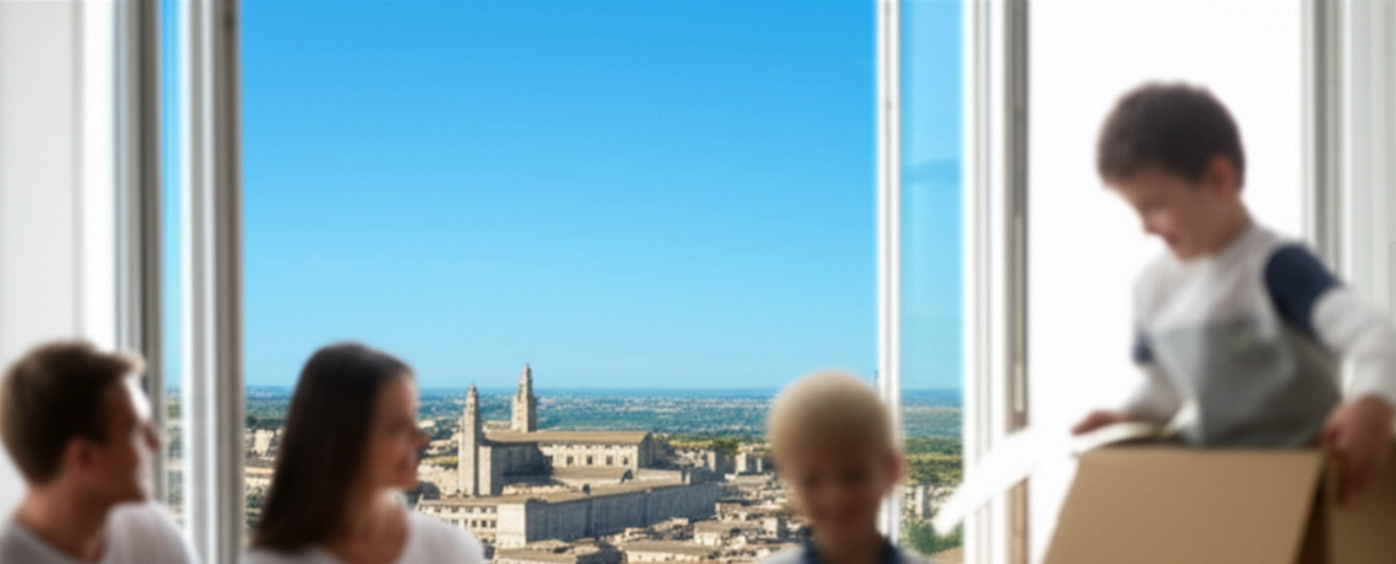 Famiglia caucasica felice che disfa gli scatoloni nel loro nuovo appartamento con vista aerea su Macerata.
