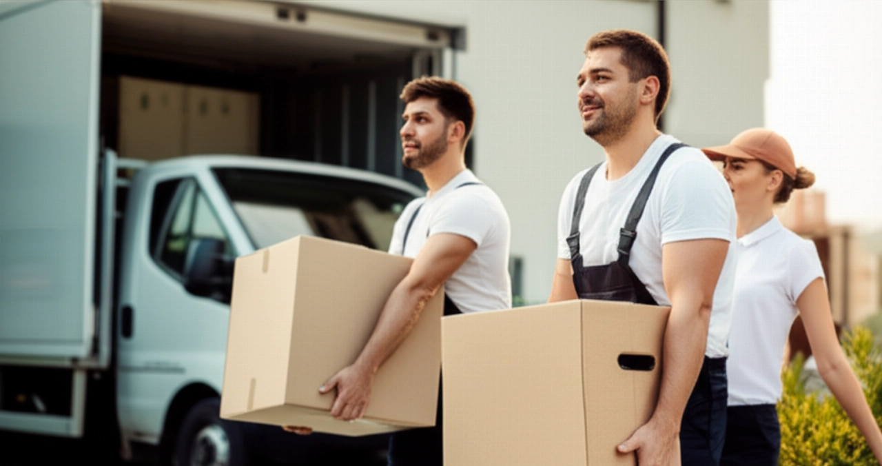 Hyperrealistic image of professional Caucasian movers carefully loading boxes from a house in the Marche region, Italy, with a modern moving truck in the background under warm, golden light.
