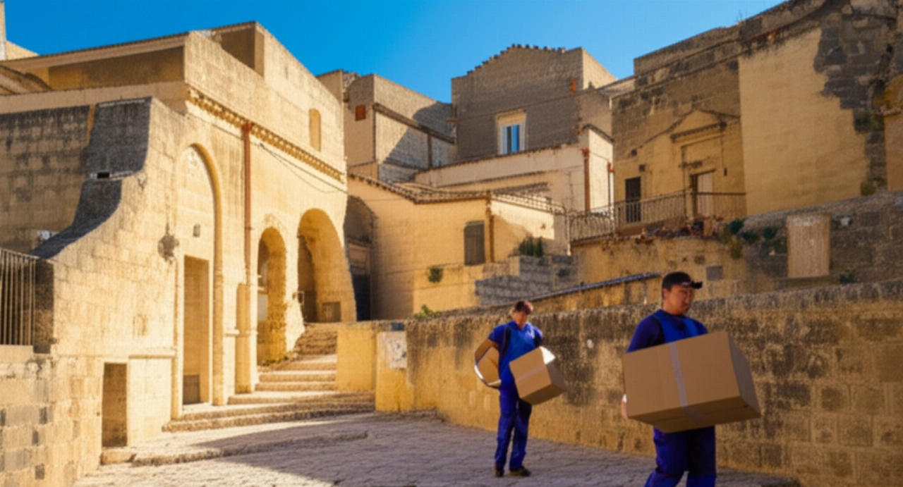 Professional movers carrying boxes down ancient stairs in the Sassi di Matera, with historical architecture bathed in sunlight.