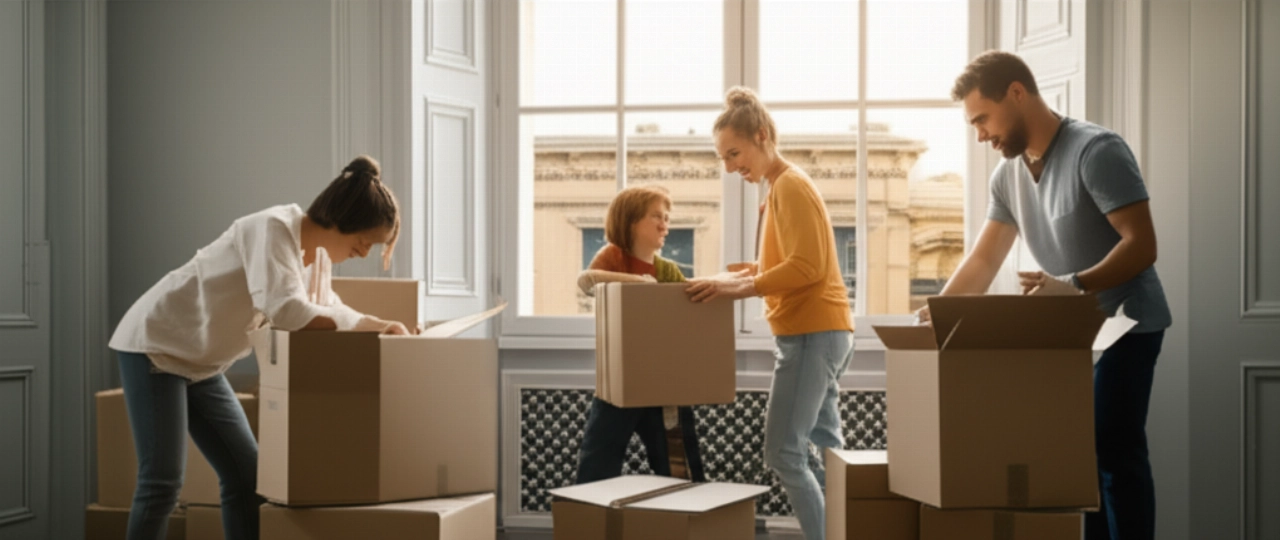 Familia caucásica feliz empacando cajas de mudanza en una luminosa sala de estar en Messina, con luz natural.