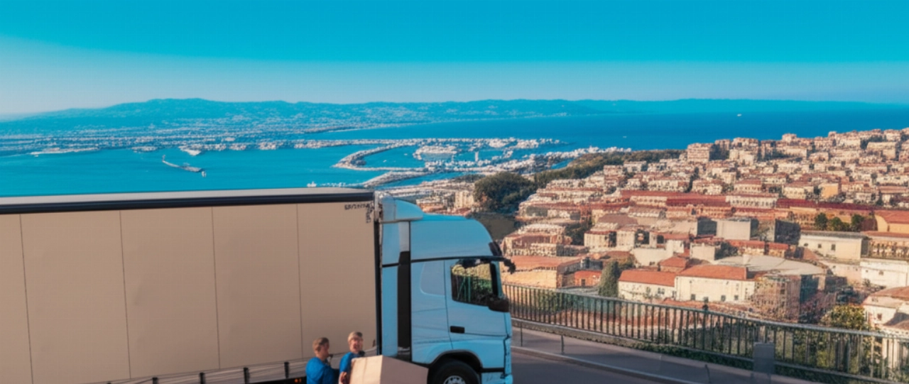 Camión de mudanzas moderno en Messina con mudanceros caucásicos y una vista aérea de la ciudad de fondo.