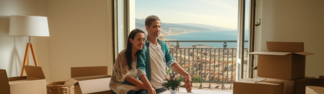 Pareja caucásica feliz en un nuevo apartamento en Messina, con cajas de mudanza y una vista panorámica de la costa.