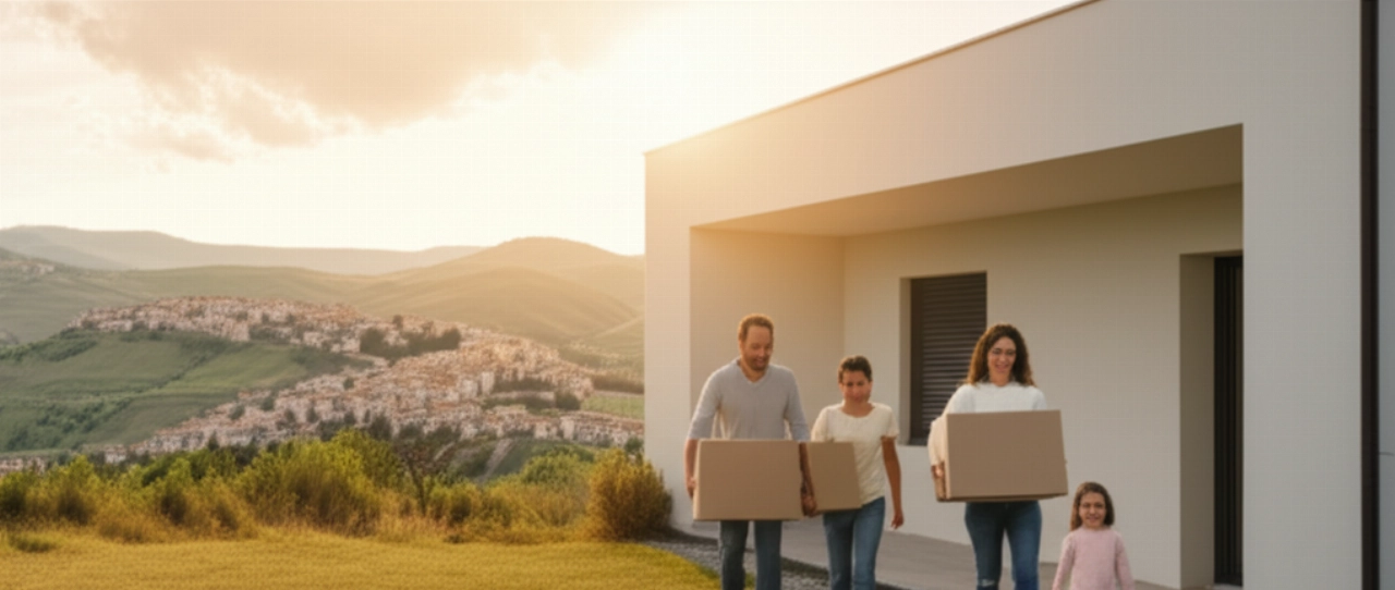 Happy Caucasian family moving into a new modern house, with Molise hills in the background.