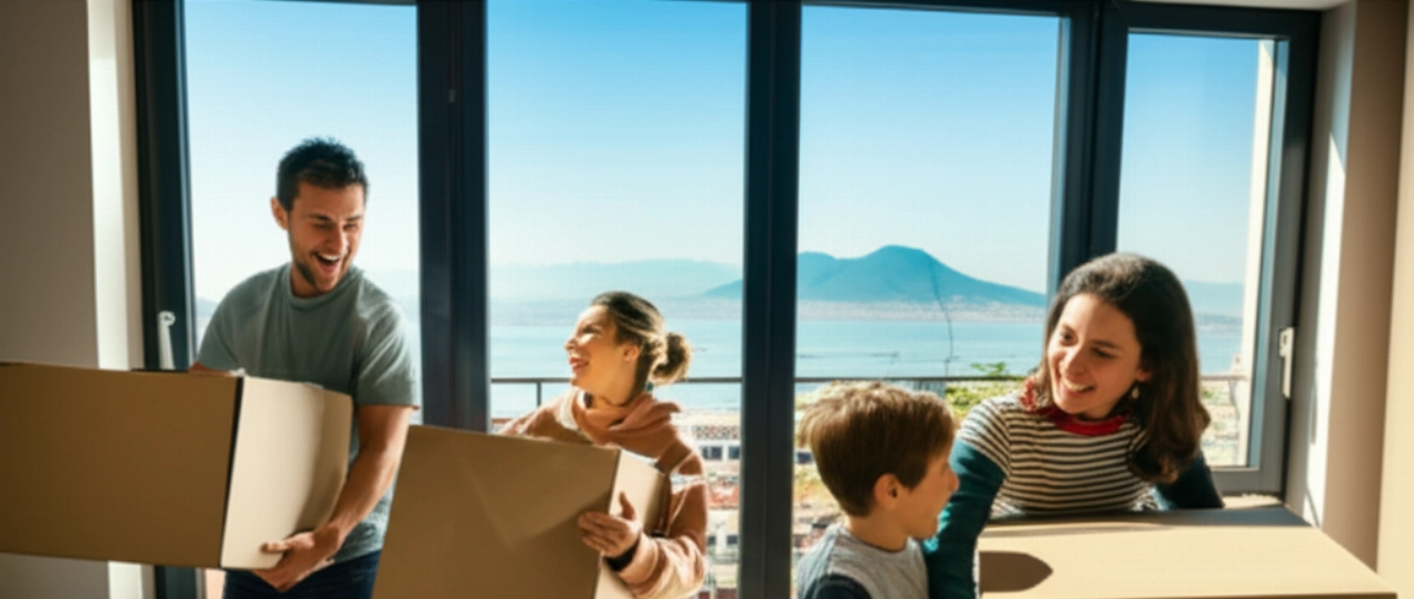 Glückliche kaukasische Familie zieht in eine moderne Wohnung mit atemberaubender Aussicht auf die Bucht von Neapel und den Vesuv.