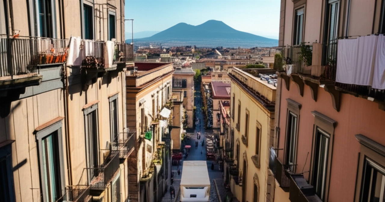 Vista aérea hiperrealista de un camión de mudanzas moderno navegando por una calle estrecha e histórica de Nápoles, con el Vesubio al fondo.