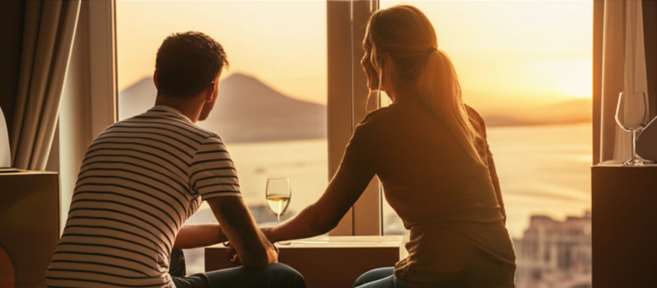Pareja caucásica satisfecha disfrutando del atardecer sobre la Bahía de Nápoles desde su nuevo apartamento, sentados en cajas de mudanza.