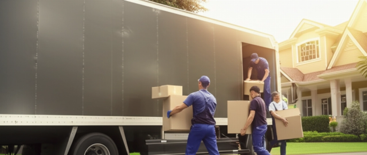 Image hyperréaliste d'une équipe de déménageurs caucasiens professionnels chargeant un camion moderne devant une maison de banlieue.