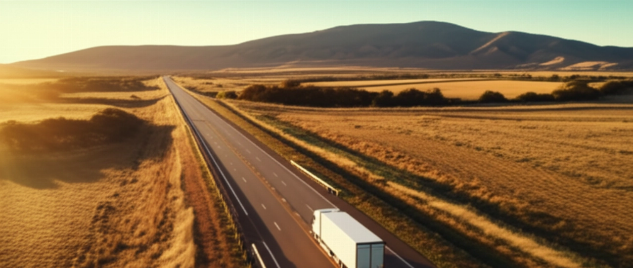 Vue aérienne hyperréaliste d'un camion de déménagement sur une autoroute panoramique traversant un vaste paysage, symbolisant un voyage national.