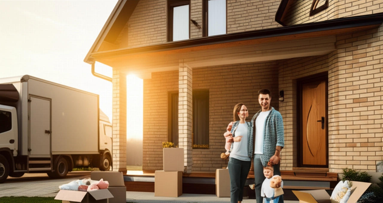 Image hyperréaliste d'une famille caucasienne arrivant dans sa nouvelle maison avec un camion de déménagement, évoquant de nouveaux départs.