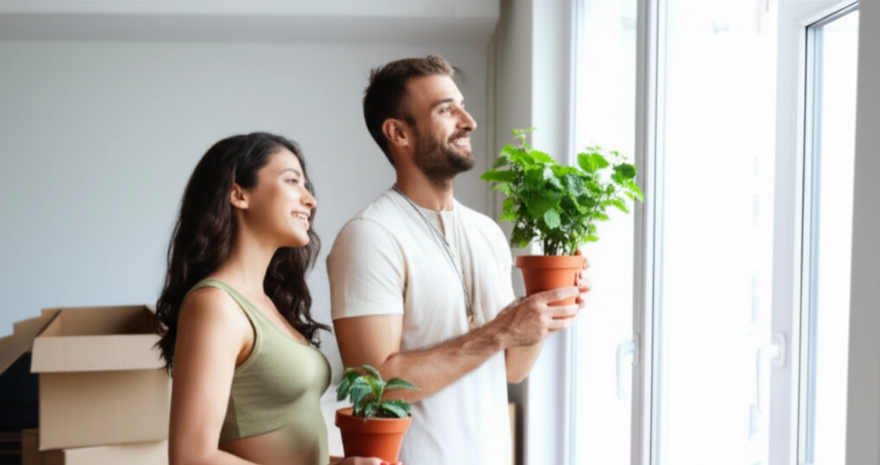 Una pareja caucásica feliz en una nueva sala de estar, con pocas cajas, simbolizando un nuevo comienzo.