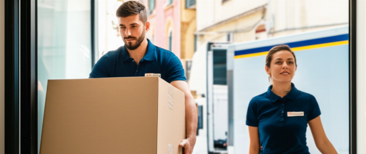 Two professional Caucasian movers carrying a box out of a modern building, with a moving truck in the background, in a hyperrealistic scene evoking a relocation in Nuoro.