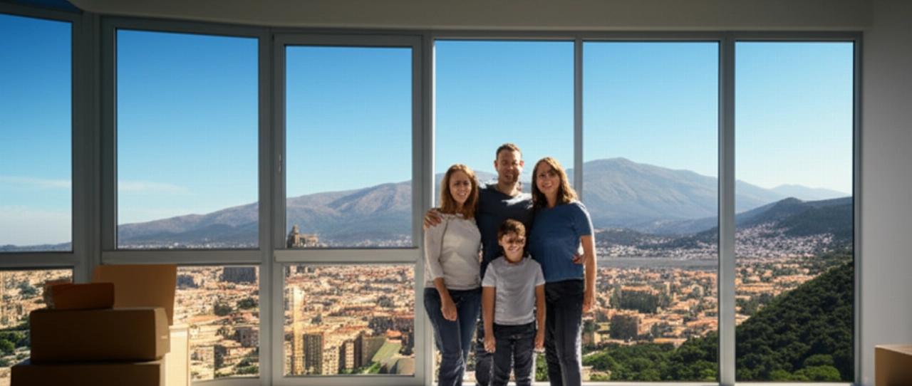 Una famiglia caucasica felice in un nuovo appartamento con una vista aerea mozzafiato su Nuoro e le sue montagne, simboleggiando un nuovo inizio dopo un trasloco.