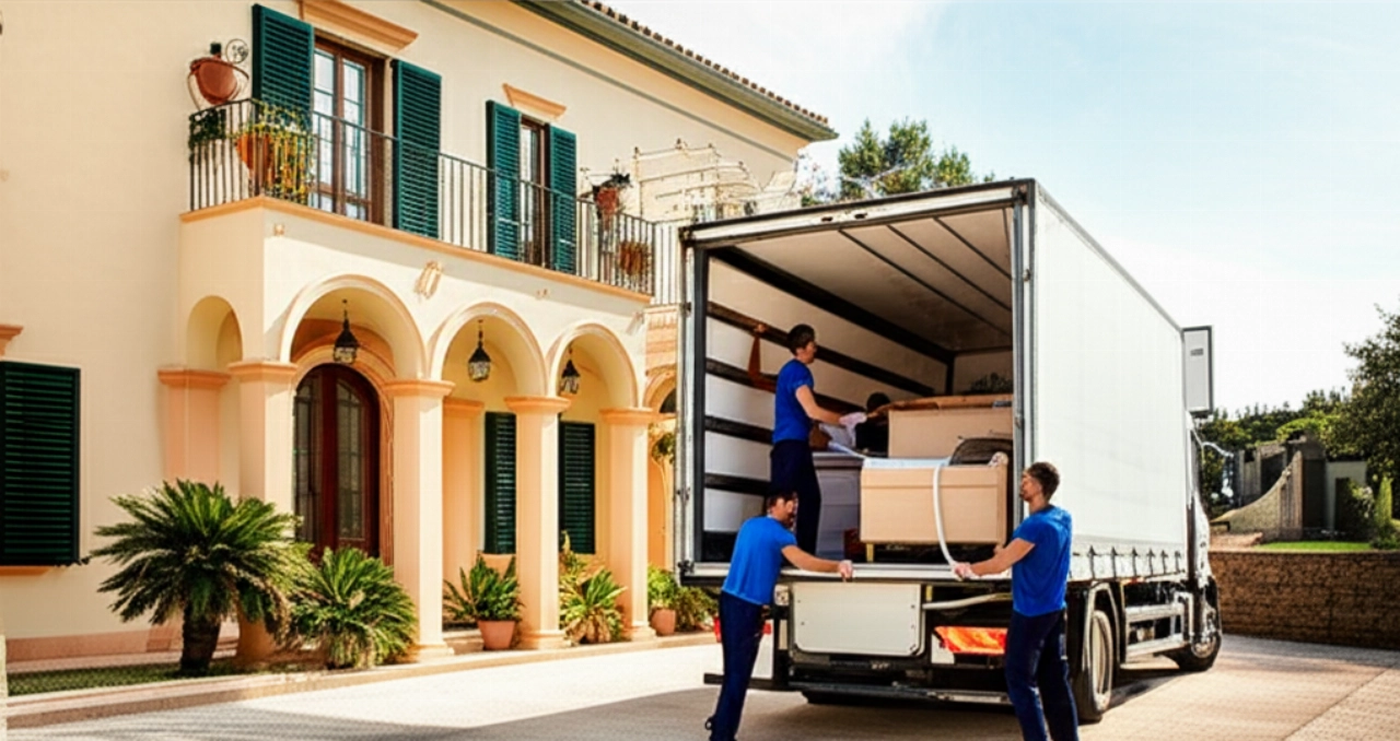 Traslocatori professionisti caricano un camion di trasloco con mobili e scatole davanti a una villa sarda nella regione di Olbia-Tempio.