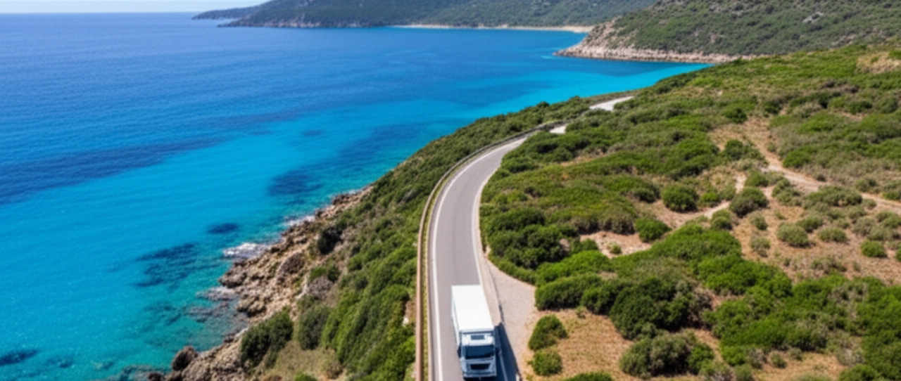Vista aerea di un camion di traslochi su una strada costiera nella regione di Olbia-Tempio in Sardegna, con mare turchese e vegetazione.
