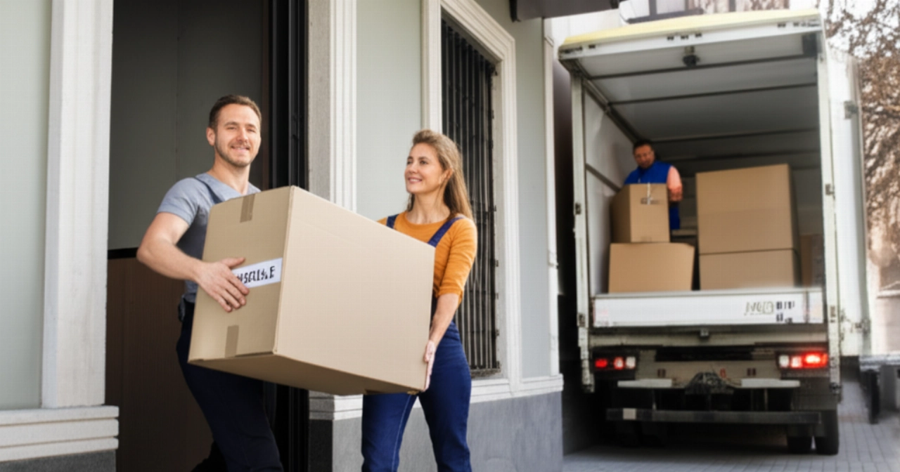 Una pareja caucásica sonriente transporta una caja 'Frágil' desde un apartamento en Padua, con un camión de mudanzas moderno al fondo.