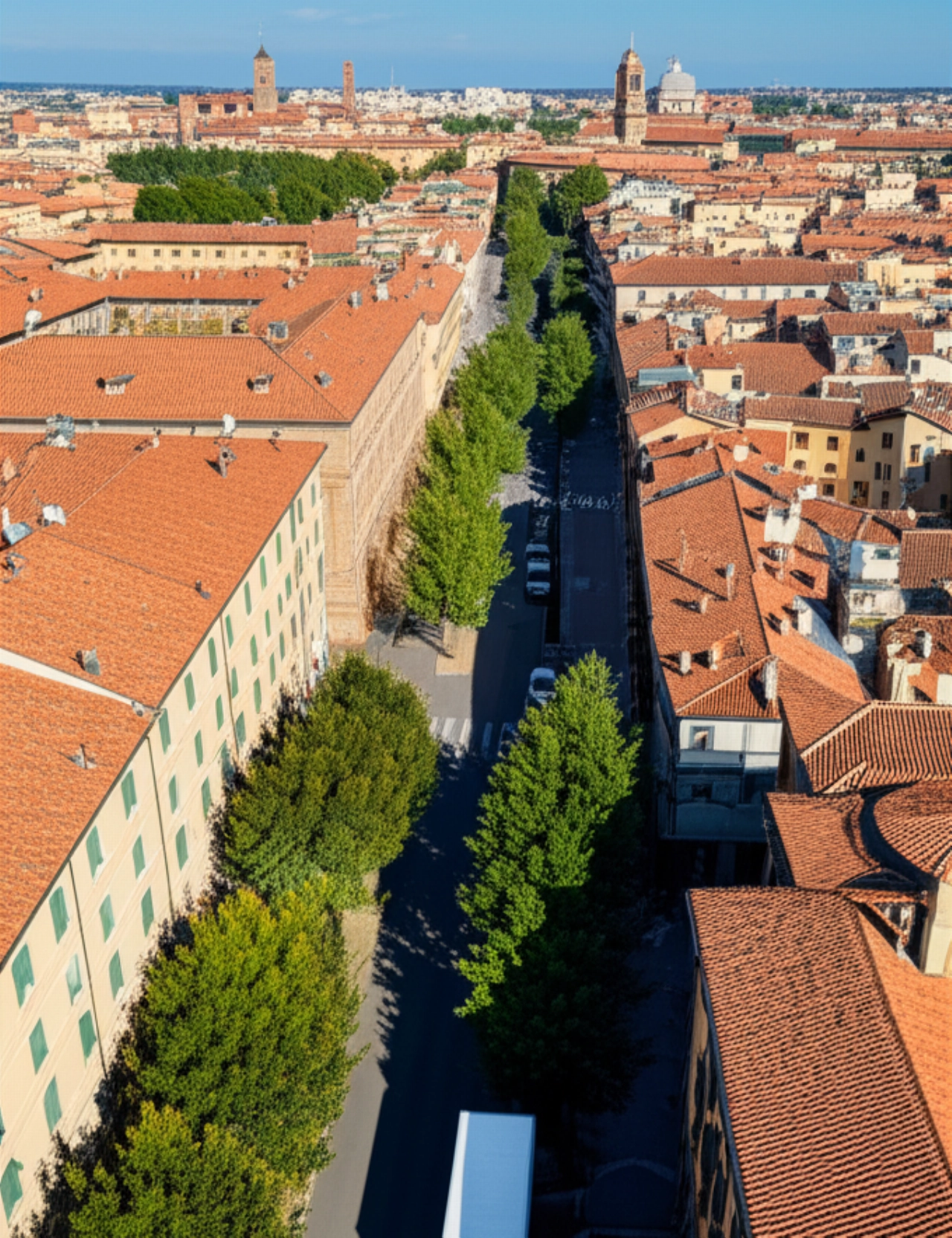 Vista aerea iperrealistica di un camion per traslochi parcheggiato in una strada storica di Parma.