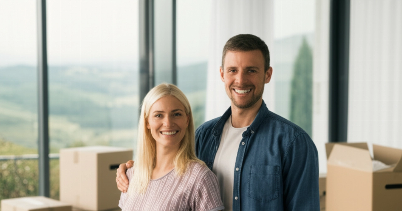 Pareja caucásica sonriente en una luminosa sala de estar de su nuevo hogar, con cajas parcialmente desempacadas, transmitiendo alegría y un nuevo comienzo.