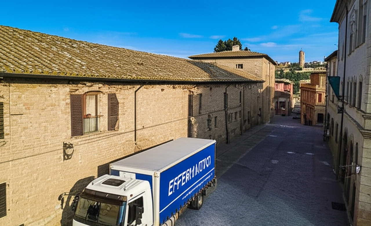 Vista aérea hiperrealista de un camión de mudanzas moderno estacionado en una calle adoquinada de un pintoresco pueblo italiano, con colinas y ciudad histórica al fondo.