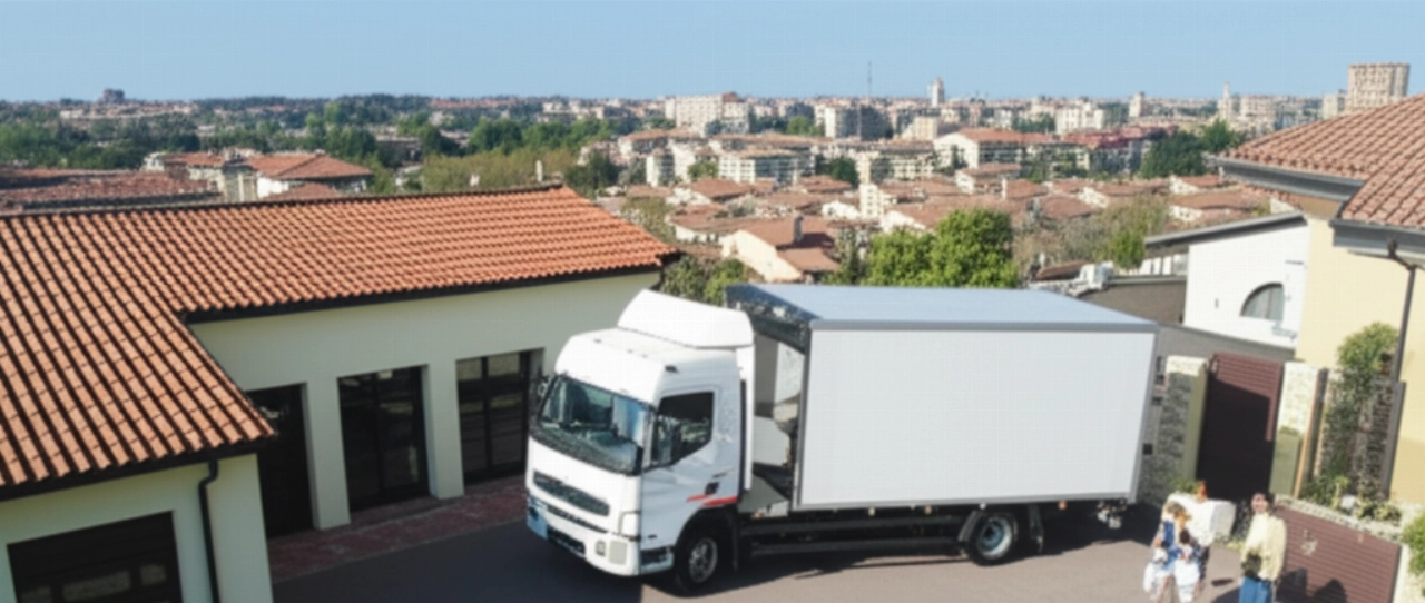 Vista aerea di un camion per traslochi parcheggiato davanti a una casa a Piacenza, con una famiglia che entra nella sua nuova dimora.