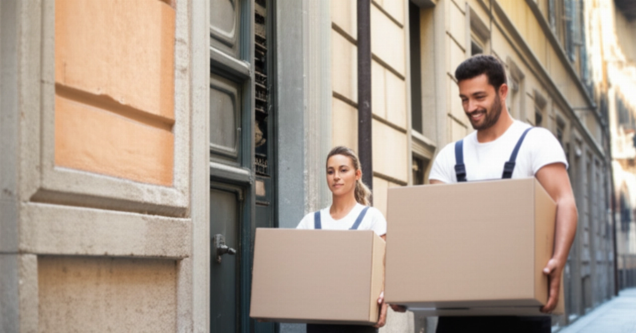 Déménageurs professionnels caucasiens déplaçant soigneusement une boîte d'un immeuble à Pise, symbolisant l'efficacité et la fiabilité.