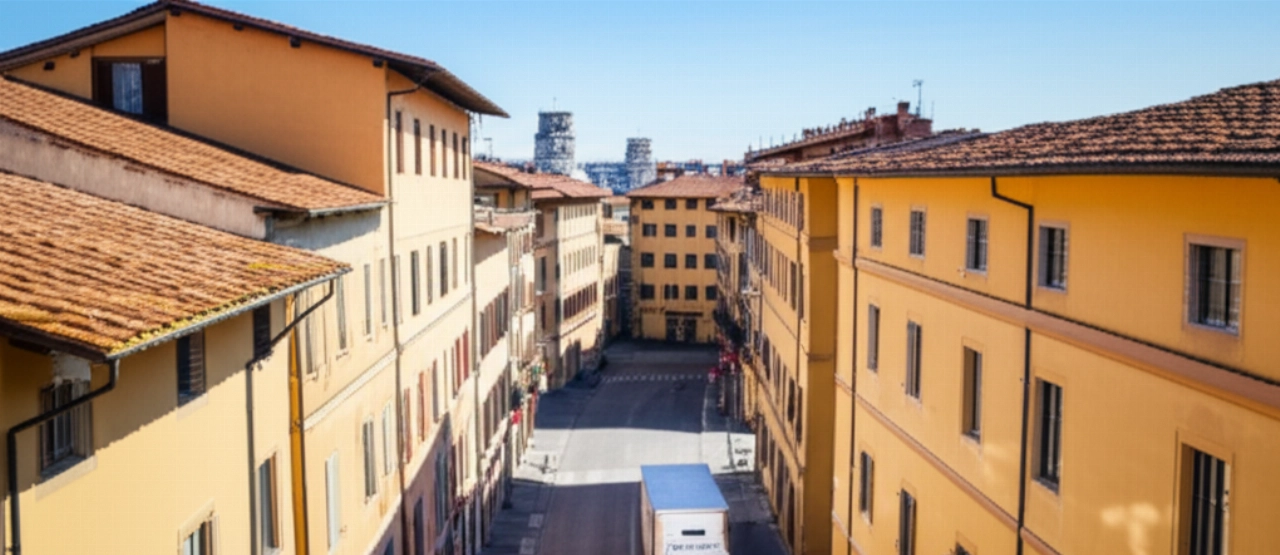 Hyperrealistische Luftaufnahme eines Umzugswagens, der durch die historischen Straßen von Pisa fährt, mit Terrakottadächern und typischer Architektur.