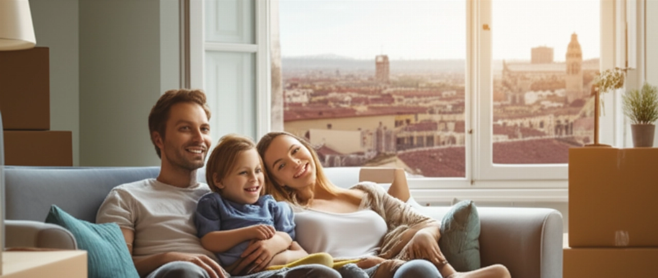 Glückliche kaukasische Familie entspannt sich in ihrer neuen Wohnung in Pisa, mit ordentlich gestapelten Umzugskartons, als Symbol für einen erfolgreichen Umzug.