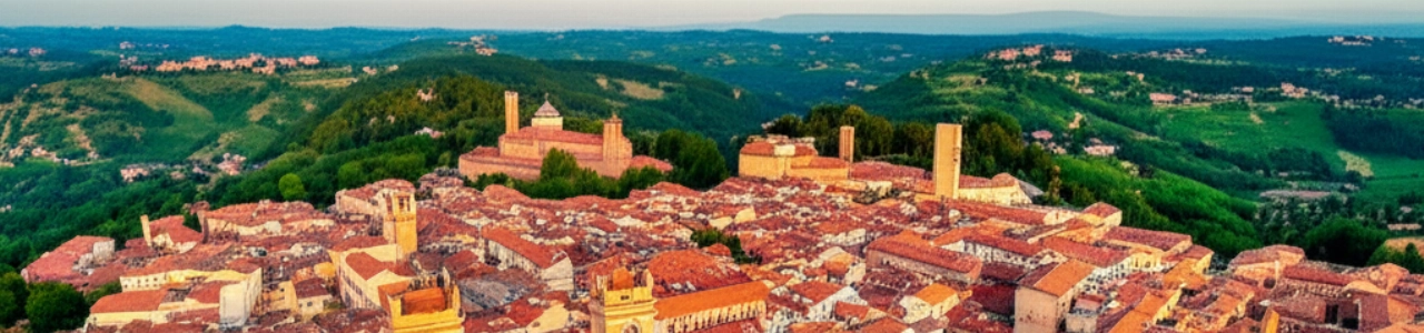 Hyperrealistic aerial view of Pistoia with red roofs and Tuscan hills.