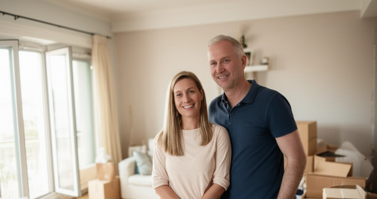 Smiling Caucasian couple in a new Pistoia apartment, with partially unpacked boxes.