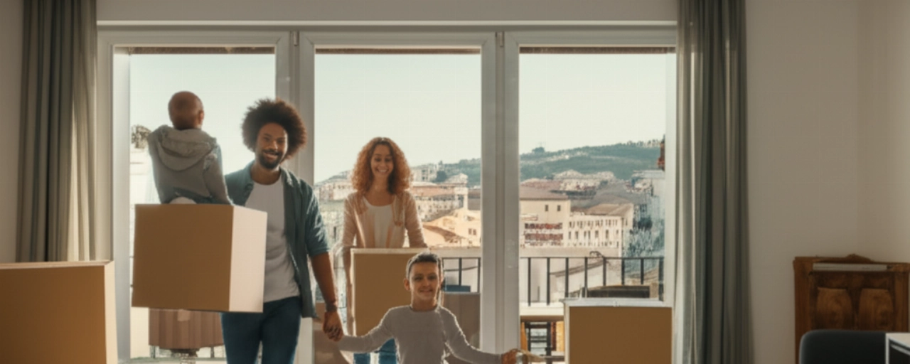 Happy Caucasian family moving into a bright new apartment in Potenza, with city views and moving boxes.