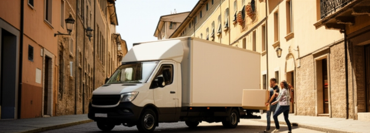Camion de déménagement garé dans une rue historique de Prato, avec des personnes chargeant des cartons.