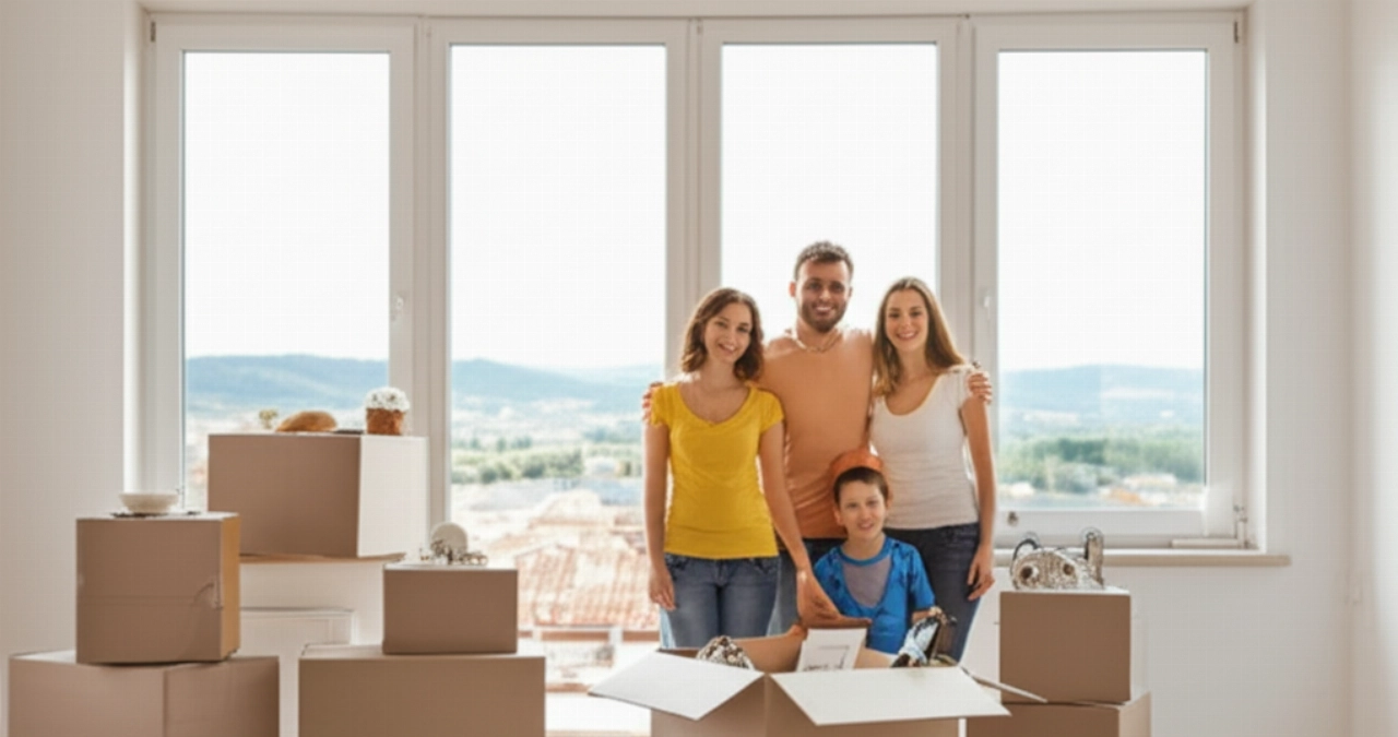 Happy Caucasian family unpacking in a bright new home in Prato, with a city view.